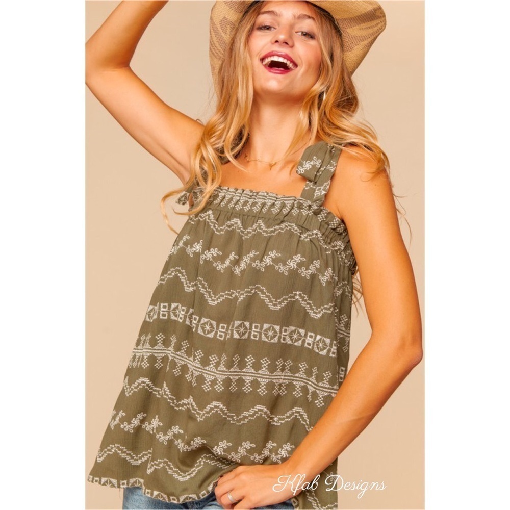 LAST 1! Olive Boho Embroidered Ruffle Tie Strap Tank Top! - Picture 4 of 5